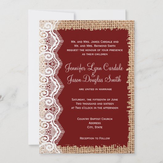 Rustic Country Burlap Lace Red Wedding Invitations Kaart (Voorkant)