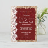 Rustic Country Burlap Lace Red Wedding Invitations Kaart (Staand voorkant)