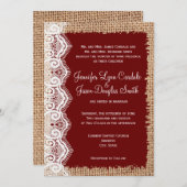 Rustic Country Burlap Lace Red Wedding Invitations Kaart (Voorkant / Achterkant)