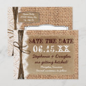 Rustic Country Burlap Lace Save the Date Briefkaar Aankondigingskaart (Voorkant / Achterkant)