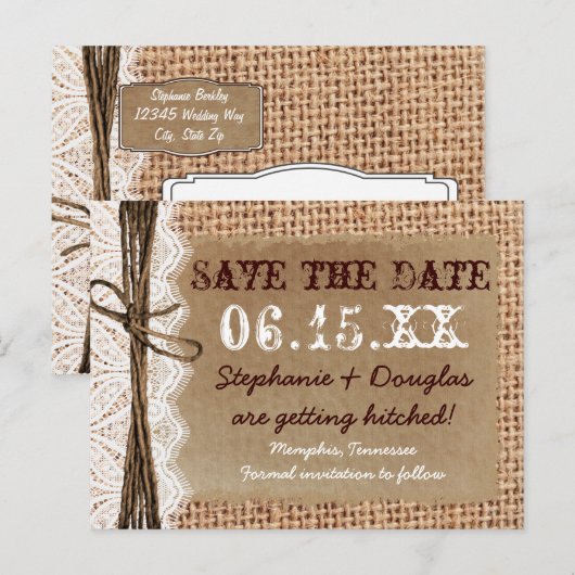 Rustic Country Burlap Lace Save the Date Briefkaar Aankondigingskaart (Voorkant / Achterkant)