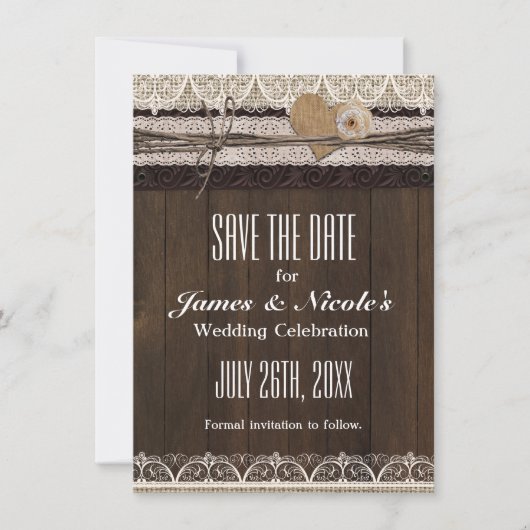Rustic Country Burlap & Lace Save The Date Kaart (Voorkant)