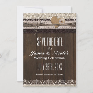Rustic Country Burlap & Lace Save The Date Kaart