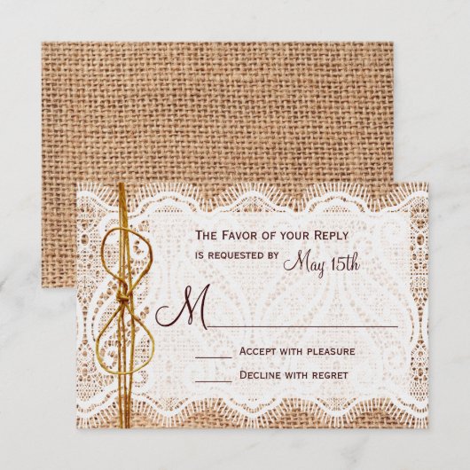 Rustic Country Burlap Lace Twine Wedding RSVP (Voorkant / Achterkant)