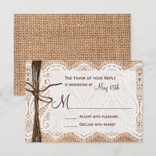 Rustic Country Burlap Lace Twine Wedding RSVP (Voorkant / Achterkant)