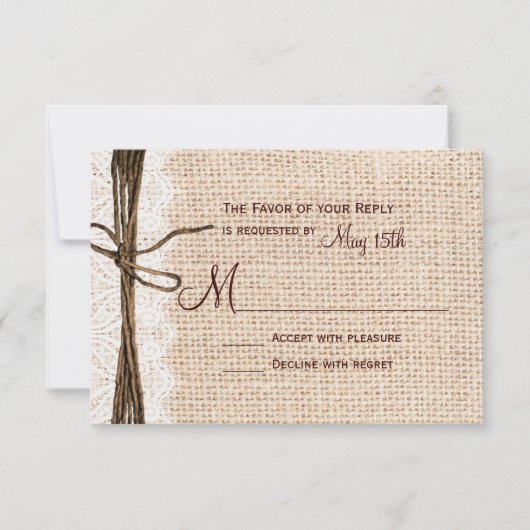 Rustic Country Burlap Lace Twine Wedding RSVP (Voorkant)