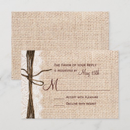 Rustic Country Burlap Lace Twine Wedding RSVP (Voorkant / Achterkant)