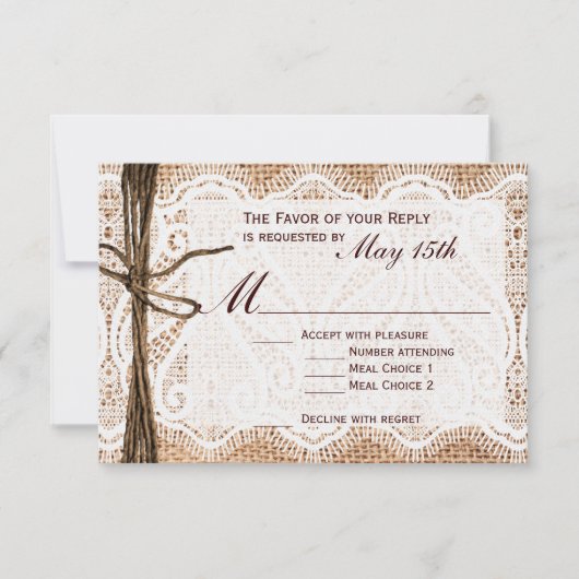 Rustic Country Burlap Lace Twine Wedding RSVP (Voorkant)
