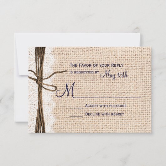 Rustic Country Burlap Lace Twine Wedding RSVP Navy (Voorkant)