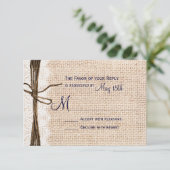 Rustic Country Burlap Lace Twine Wedding RSVP Navy (Staand voorkant)
