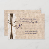 Rustic Country Burlap Lace Twine Wedding RSVP Navy (Voorkant / Achterkant)