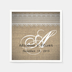 Rustic Country Burlap Lace Wedding Monogram Servet