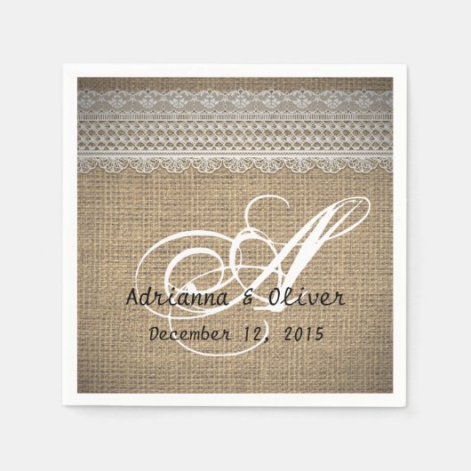 Rustic Country Burlap Lace Wedding Monogram Servet (Voorkant)