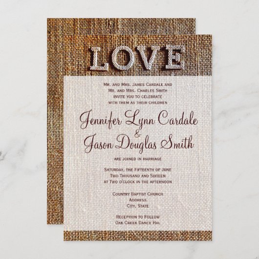 Rustic Country Burlap LOVE Wedding Invitations Kaart (Voorkant / Achterkant)