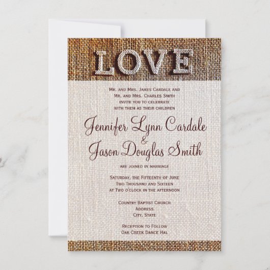 Rustic Country Burlap LOVE Wedding Invitations Kaart (Voorkant)
