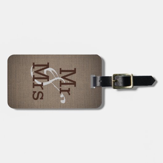 Rustic Country Burlap Monogram Huwelijk Mr. en Mrs Bagagelabel (Voorkant horizontaal)