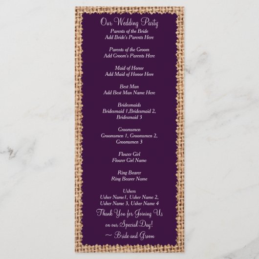 Rustic Country Burlap Paarse Wedding Programs Programmakaart (Achterkant)