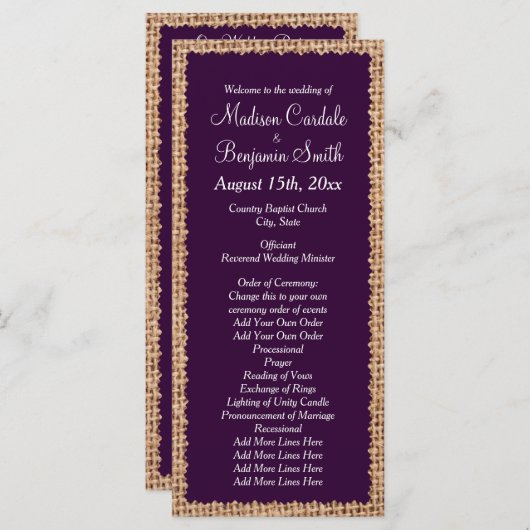 Rustic Country Burlap Paarse Wedding Programs Programmakaart (Voorkant / Achterkant)