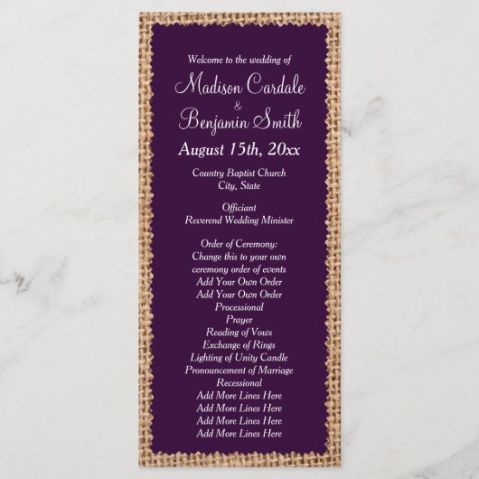 Rustic Country Burlap Paarse Wedding Programs Programmakaart (Voorkant)