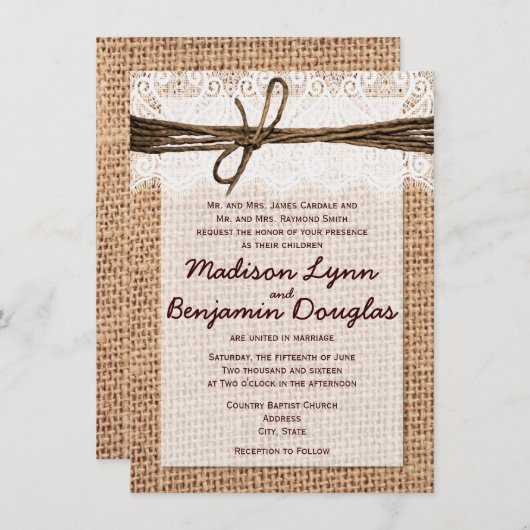Rustic Country Burlap Print Wedding Invitations Kaart (Voorkant / Achterkant)