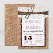 Rustic Country Burlap Print Wedding Invitations Kaart (Voorkant / Achterkant)