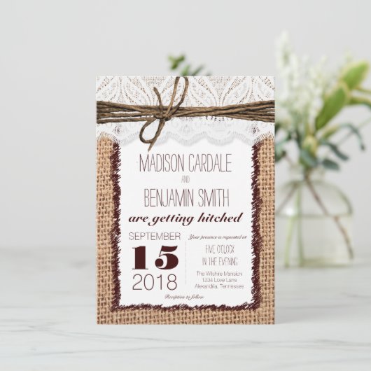 Rustic Country Burlap Print Wedding Invitations Kaart (Staand voorkant)