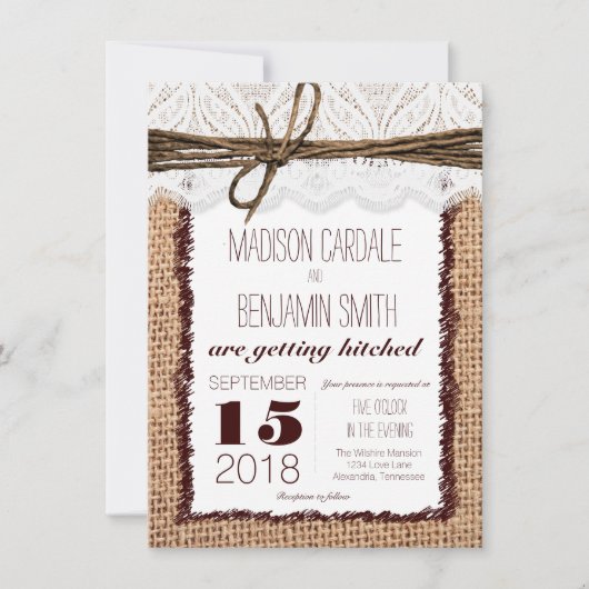 Rustic Country Burlap Print Wedding Invitations Kaart (Voorkant)
