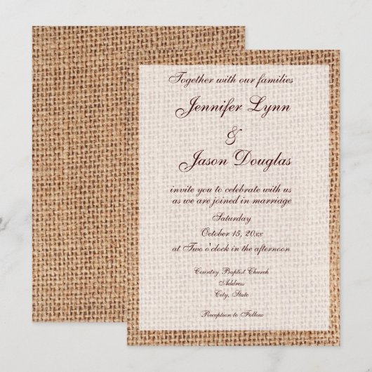 Rustic Country Burlap Print Wedding Invitations Kaart (Voorkant / Achterkant)