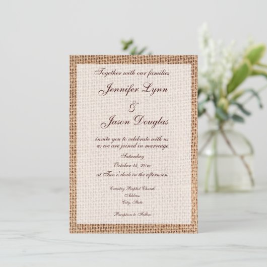 Rustic Country Burlap Print Wedding Invitations Kaart (Staand voorkant)