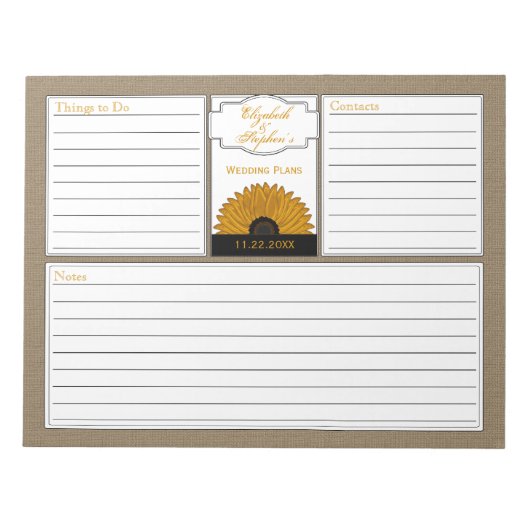 .Rustic Country Burlap Sunflower Wedding Planner Notitieblok (Voorkant)