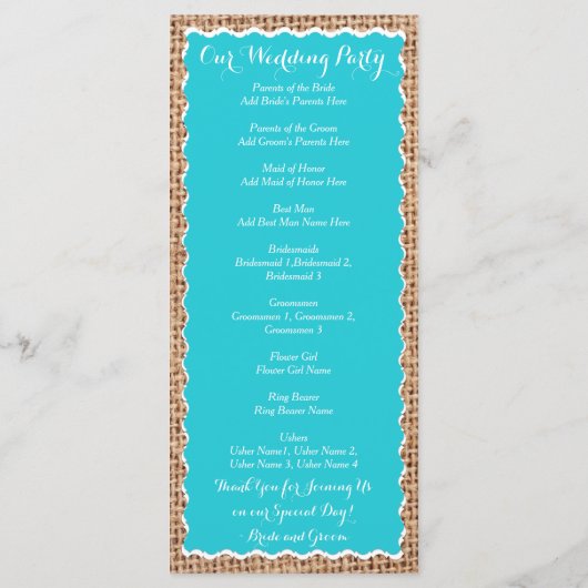 Rustic Country Burlap Turquoise Wedding Programs Programmakaart (Achterkant)