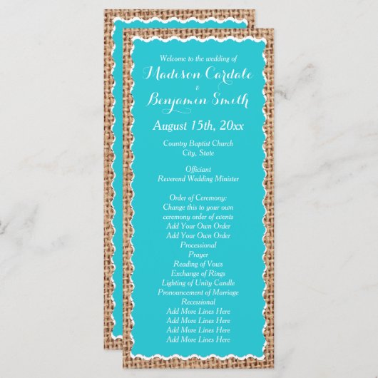 Rustic Country Burlap Turquoise Wedding Programs Programmakaart (Voorkant / Achterkant)