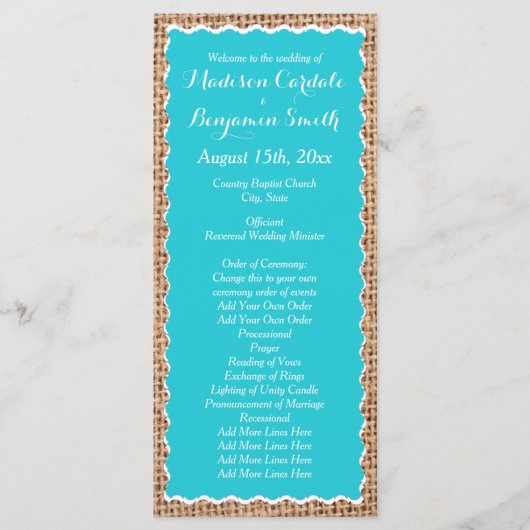 Rustic Country Burlap Turquoise Wedding Programs Programmakaart