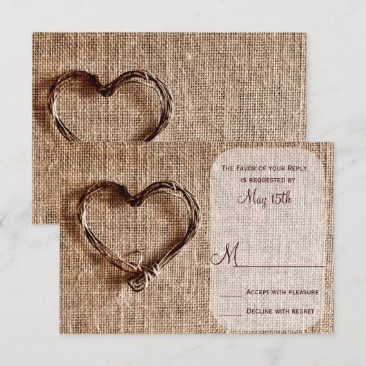 Rustic Country Burlap Twine Heart Wedding RSVP (Voorkant / Achterkant)