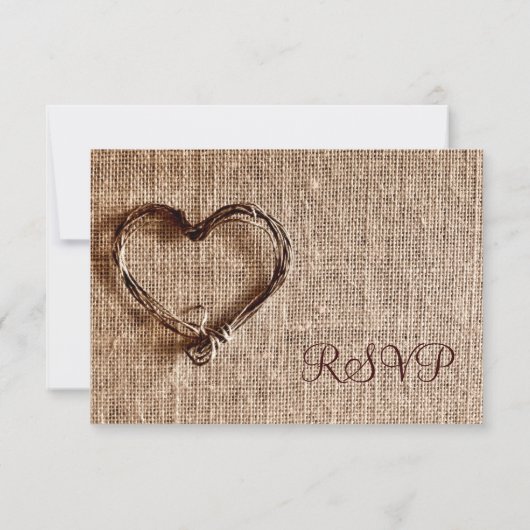 Rustic Country Burlap Twine Heart Wedding RSVP (Achterkant)
