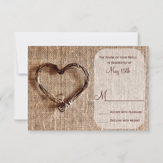Rustic Country Burlap Twine Heart Wedding RSVP Kaartje (Voorkant)