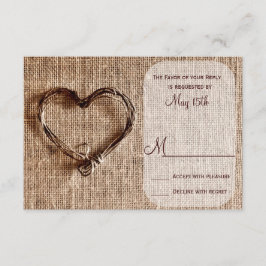 Rustic Country Burlap Twine Heart Wedding RSVP Kaartje