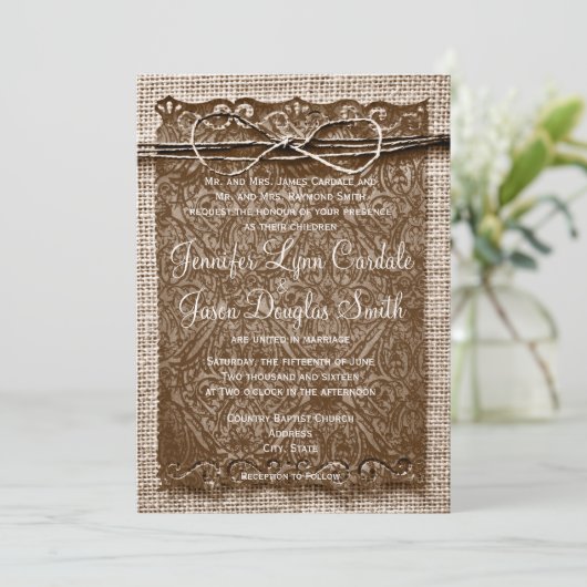 Rustic Country Burlap Twine Scroll Wedding Invites Kaart (Staand voorkant)