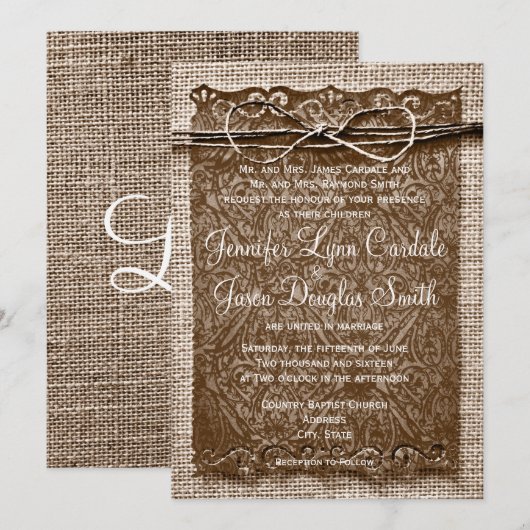 Rustic Country Burlap Twine Scroll Wedding Invites Kaart (Voorkant / Achterkant)