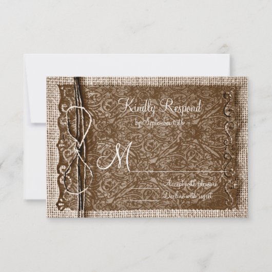 Rustic Country Burlap Twine Scroll Wedding RSVP Kaartje (Voorkant)