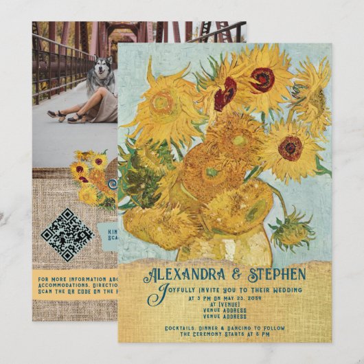 Rustic Country Burlap Van Gogh Sunflower Wedding Kaart (Voorkant / Achterkant)