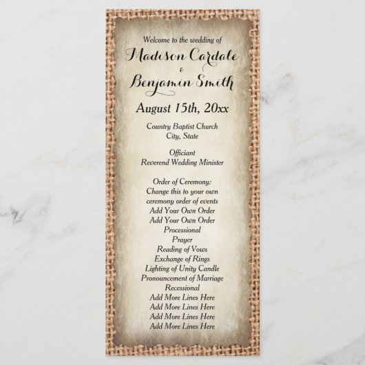 Rustic Country Burlap Vintage Wedding Programs Programmakaart (Voorkant)