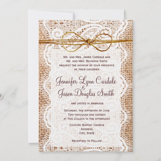 Rustic Country Burlap Wedding Invitations Kaart (Voorkant)