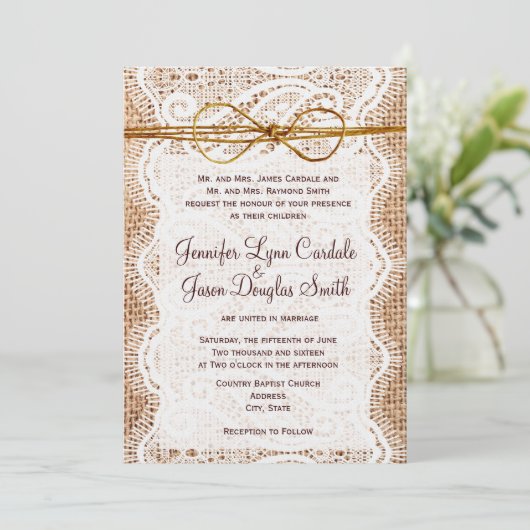 Rustic Country Burlap Wedding Invitations Kaart (Staand voorkant)