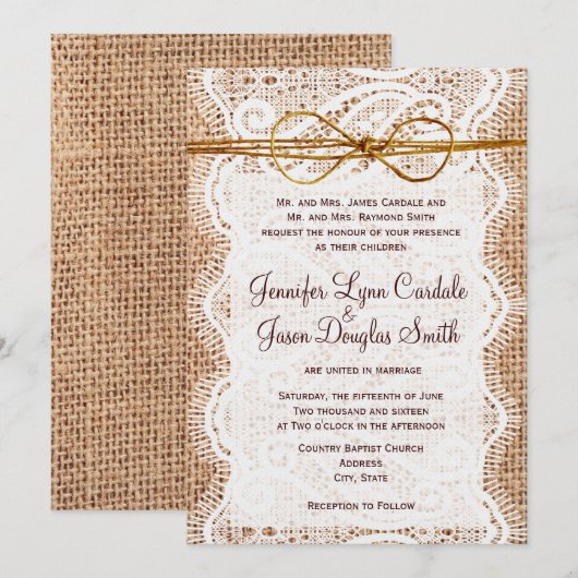 Rustic Country Burlap Wedding Invitations Kaart (Voorkant / Achterkant)