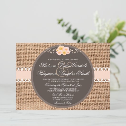 Rustic Country Burlap Wedding Invitations Kaart (Staand voorkant)