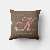 Rustic Country Burlap Wedding Monogram Keepslag Kussen (Achterkant)