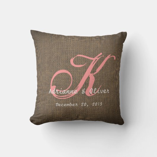 Rustic Country Burlap Wedding Monogram Keepslag Kussen (Voorkant)