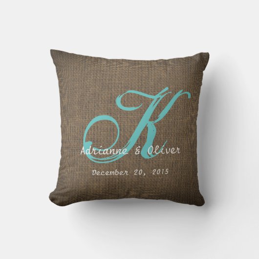 Rustic Country Burlap Wedding Monogram Keepslag Kussen (Voorkant)