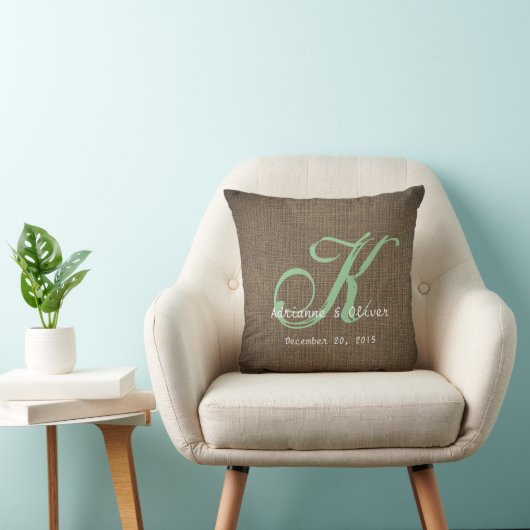 Rustic Country Burlap Wedding Monogram Keepslag Kussen (Stoel)